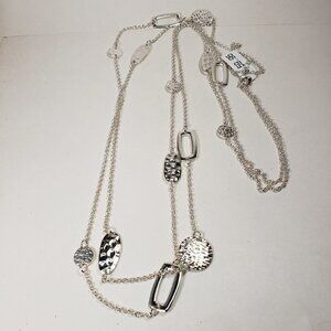 Polished  40" Silver tone Layered Textured, Hammered Discs Hoops Long Necklace